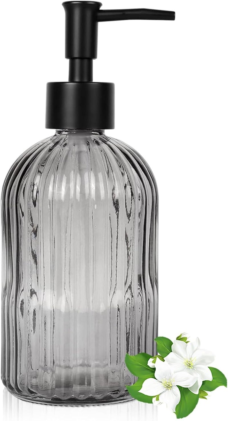 Guokanfly 14Oz Black Pump Glass Soap Dispenser, Gray Stripe Countertop Refillable Liquid Bottle Hand Dish Lotion Dispenser with Plastic Pump, for Kitchen, Bathroom - Image 1